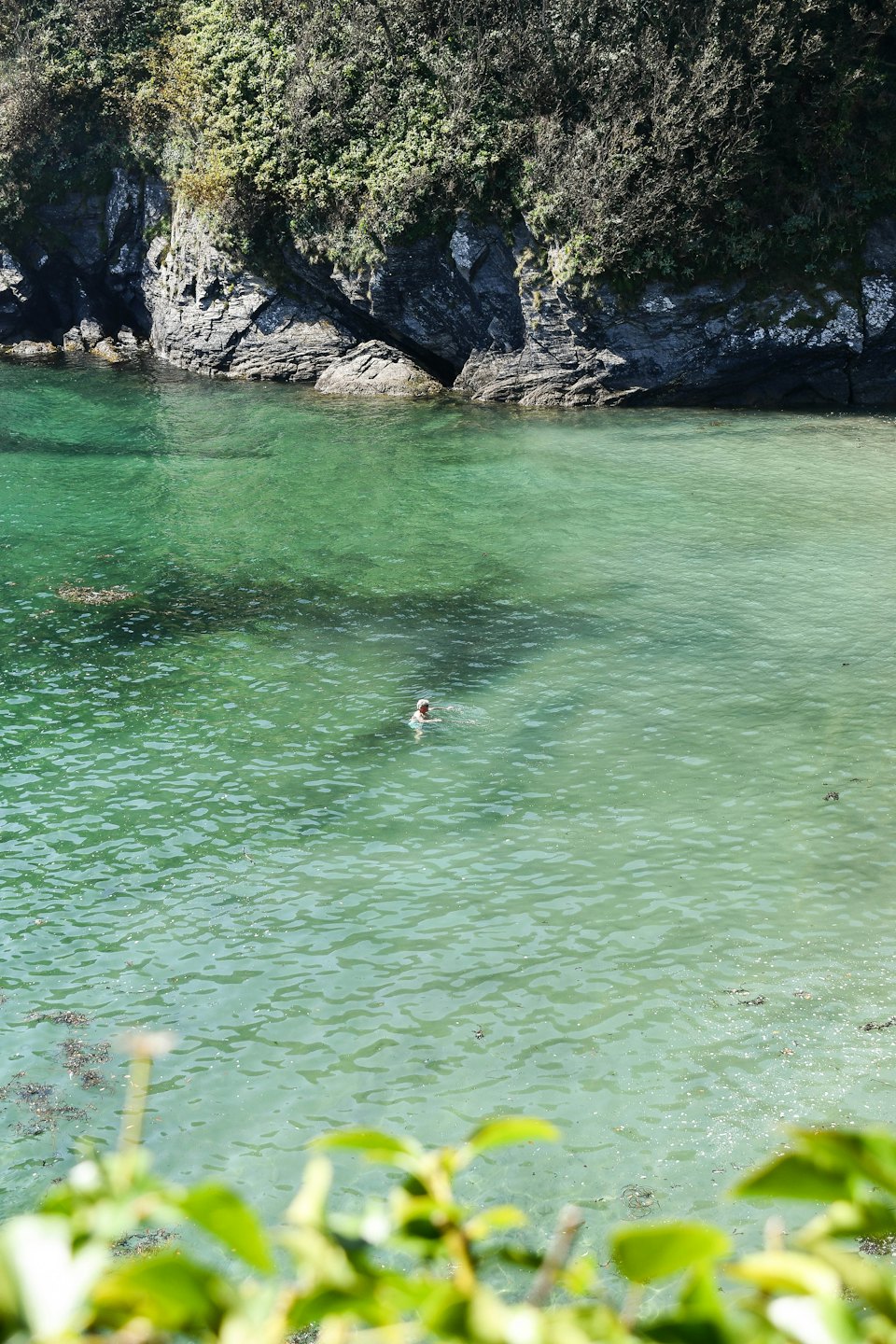 Ein Schwimmer paddelt durch klares Wasser, umgeben von Felsklippen.