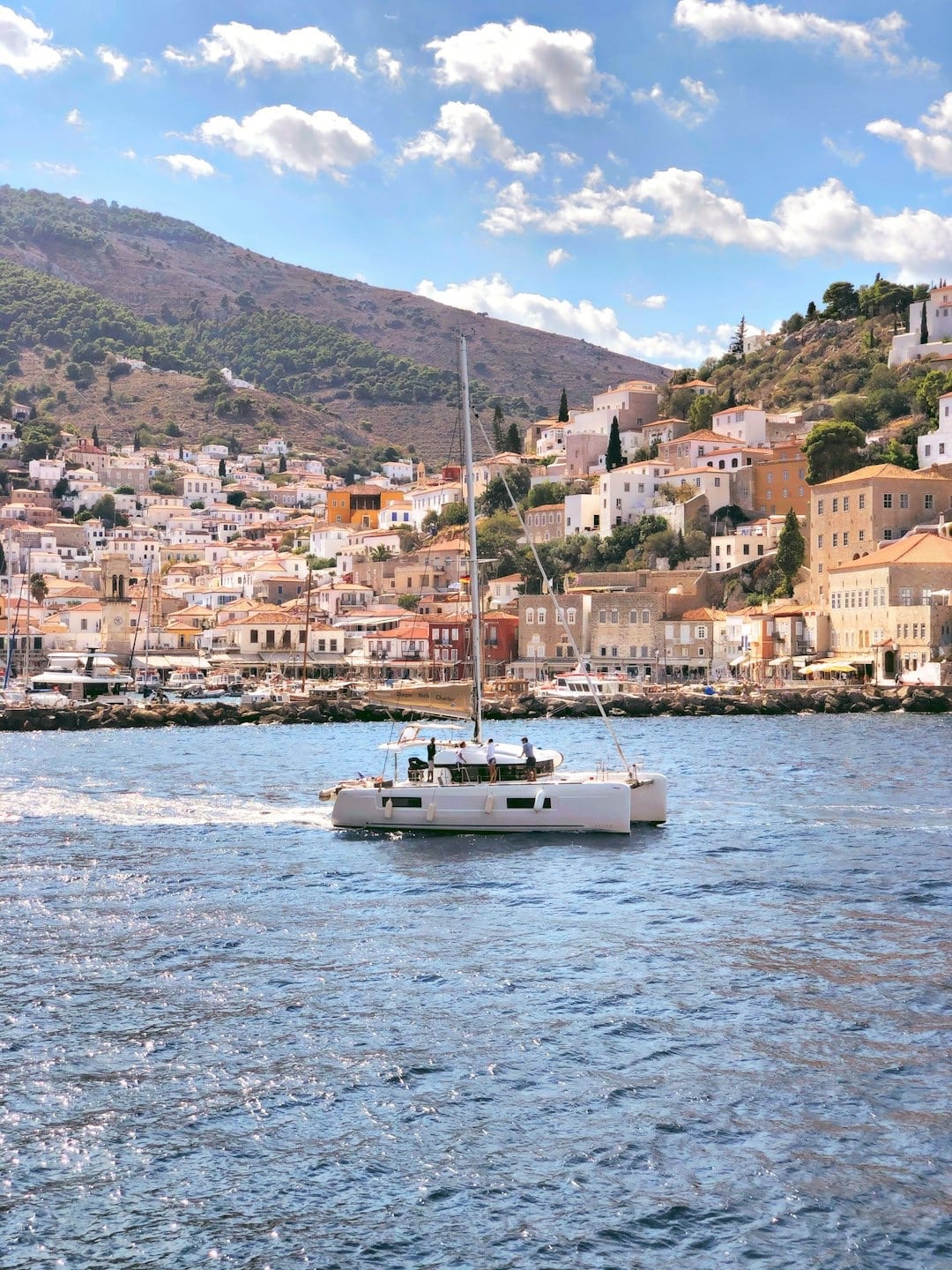 A catamaran sails past a coastal town with colorful buildings.